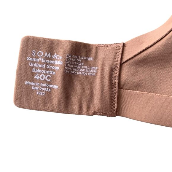 Soma Womens Tan Essentials Unlined Scoop Balconette Bra 40C Comfort Lounge - Picture 6 of 8